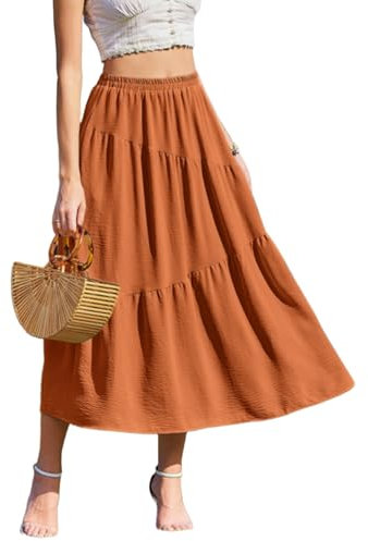 Zeagoo Damen Rock Lang Elastic Waistband Maxirock mit Taschen Elegant Flowy Sommerrock Lässig Lange Röcke Sommer Ziegelrot S