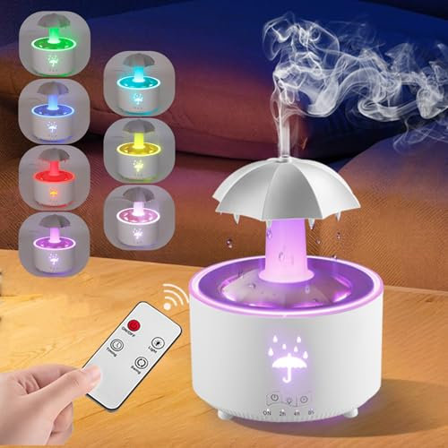 Rain Cloud Humidifier, 2 in 1 Humidifier with Essential Oil Diffuser 7-Color Water Drip Diffuser with Remote & Timer, 300ML Rotating Umbrella Air Humidifier for Bedroom Home Office Gift (White)