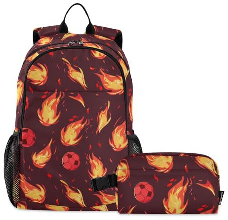 miaozhen Mochila de fútbol con diseño de llamas de fútbol con fiambrera para niños, con lonchera para niños, bolsa escolar y lonchera para niños de 10 a 12 años, Football Flame Football Splash, 1