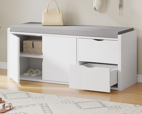 LVB Hallway Storage Bench, Long Shoe Bench with Drawers and Storage Shelf, Modern Entryway Benchs with Padded Cushion Seat, Wooden Shoe Rack for Foyer Entrance Living Bedroom, White Oak, 100 CM