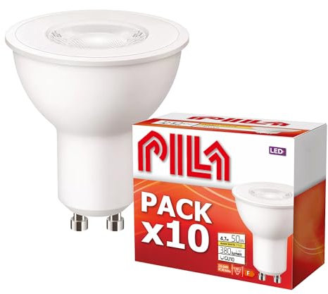 PILA Pack de 10 Bombillas LED GU10, 4.7W (= 50W), Luz Blanca Cálida (2700K), 400 Lúmenes, 36º (Luz de acento), No regulable, CRI80, 15.000h de Vida Útil