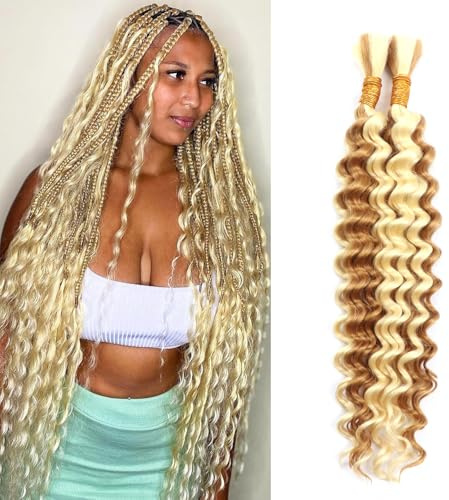 Human Braiding Hair for Boho Braids,100g Deep Wave (P27/613, 20 Inch) | No Weft,2Bundles Wet and Wavy Curly Boho Hair for Braiding,Knotless Braids,Micro Bohemian Braid,Long-lasting,Tangle Free