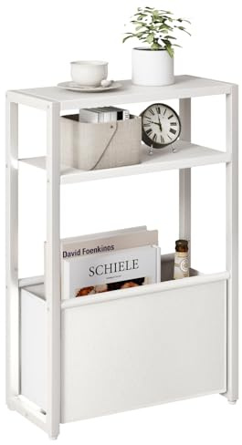 IBUYKE Narrow Side Table, Slim Side Table with Fabric Basket, 3 Tier Thin End Table for Small Spaces, Modern Sofa Table for Living Room, Bedroom, Office, Bedside Tables, White TMZ009W