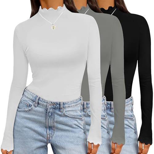 Ekouaer Womens 3 Pack Long Sleeve Shirts Turtleneck Tops for Women Stretch Fitted Thermal Undershirt Layer S-XXL,Black+Grey,L