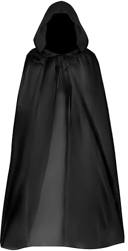QIGHLIS Schwarzer Kapuzenumhang Halloween Kostüm 150cm Umhang mit Kapuze Schwarzer Umhang Verkleidung Vampir Kostüm Cape Kostüm Jedi Mantel Darth Vader Umhang, für Erwachsene Unisex