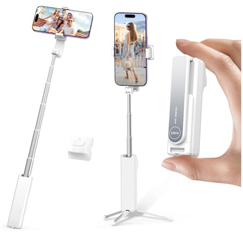 yAyusi Extendable Mini Selfie Stick Tripod with Remote, Pocket Size Portable Tripod for iPhone, Small Compact Phone Selfie Stick Tripods Mount for Travel/Vlog/Video Recording/Live Streaming (White)