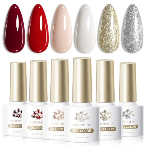 Born Pretty Vernis Semi Permanent, 6 Couleurs Rouge Bordeaux Blanc Neige Argent Rouge Canne à Sucre Nude pour les Fêtes de Fin d'année Soak Off UV/LED Semi Permanent Manucure Kit
