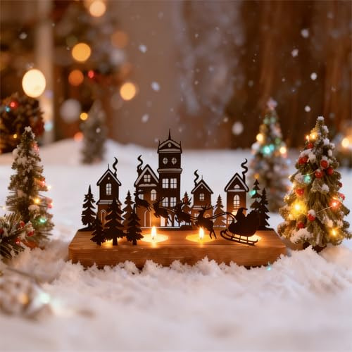 Kerzenhalter Adventskranz, Adventskranz Teelichthalter, Adventsgesteck Länglich für 4 Teelicht, Kerzenständer Weihnachten Kerzentablett Metall mit Holz Haltern, Weihnachtsdeko Tisch Adventsdeko