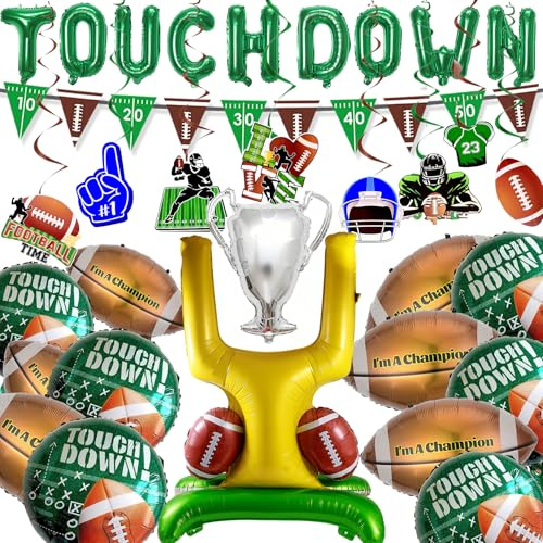 45pcs Football Party Decorations, Football Game Day Tailgate & Birthday Themed Party Decor Supplies With Touchdown Letter Balloon, Football Shaped Foil Balloons, Banner, Silver Trophy, Pump