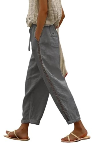 Womens Summer Linen Cropped Trousers Ladies Beach Casual Elasticated Waist
