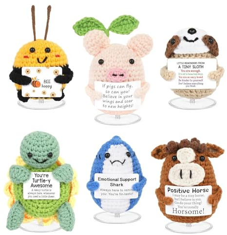 ZCOINS 6er-Mix Positive Häkel-Figuren Geschenk, Mini Motivationsfiguren | Positive Geschenkidee für Freunde, Kollegen & Familie, mit inspirierenden Botschaften und Schlüsselanhänger