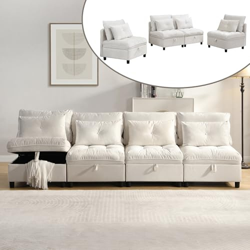 dowowdo Modulares 4-Sitzer Sofa | Schlaffunktion & Stauraum, Chenille Stoff, Frei Kombinierbar (Ecksofa/Sofabett), Wohnlandschaft, Beige