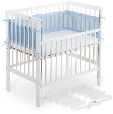 FabiMax Boxspring Baby Beistellbett Flex 90x55, TÜV geprüft, aus Buchenholz weiß lackiert, mit innovativem verstellbarem Seitengitter, passend für Boxspringbetten (Matratze Air, Blau)