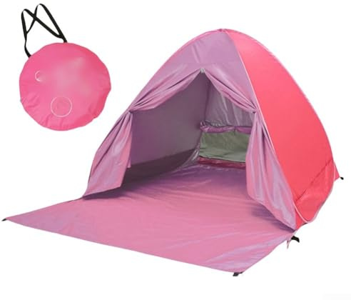 Tente de plage pliable pour 2 adultes ou 3 enfants, abri solaire pliable avec protection UV, tissu polyester enduit argenté, filet haute densité, sac de transport et 6 clous de sol (rose)