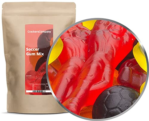 1 x 800g Fruchtgummi Fußball Fußballmischung mit Spieler Ball und Pokal rot schwarz gelb für WM und EM Partys glutenfrei laktosefrei