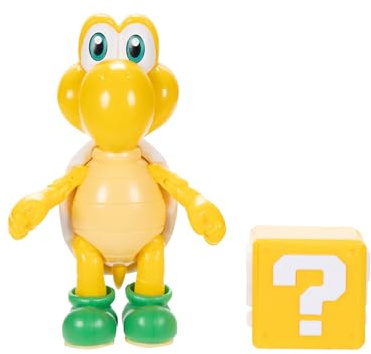 Nintendo Super Mario - Statuetta Koopa Troopa verde, 10,2 cm, con accessorio per blocco delle domande, dai 3 anni in su (licenza ufficiale)