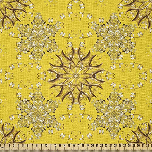 ABAKUHAUS Gelbes Damast Stoff als Meterware, Wirbler Blumen, Microfaser Stoff für Dekoratives Basteln, 1M (230x100cm), Gelb Weiß und Braun
