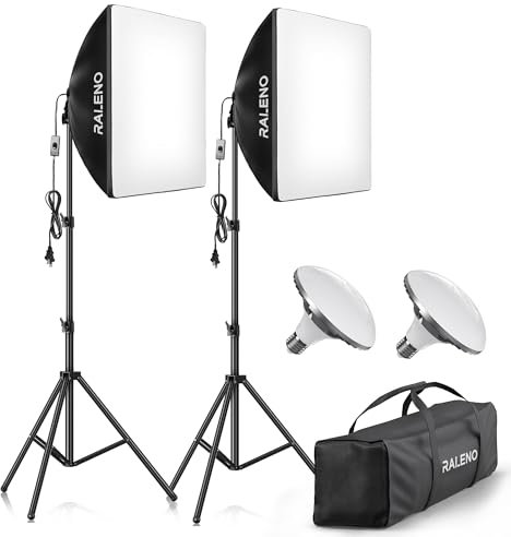 RALENO Softbox Lighting Kit (Grey Edge), 2×20’’×20’’ Photography Studio Lighting with 50W 5500K LED Bulbs, 97 CRI Light Box Lighting for Video Recording, Studio, Portraits and Product Shooting Youtube