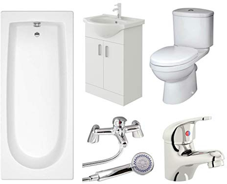 VeeBath Rosina 1800mm Bath, Modern Toilet, Vanity Sink Unit, Shower & Basin Mixer Taps High Gloss White Bathroom Suite