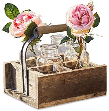Loberon Vase 4er Set mit Korb Reverie, Schmückende Vintage-Ästhetik, Formschöner Griff, Dekoration, Tannenholz, Eisen, Glas, braun/klar