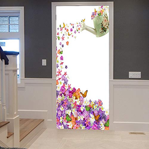 A.Monamour Türtapete Selbstklebend Türfolie Türposter 3D Alte Gießkanne Gießt Narzissen Violette Blumen Schmetterlinge Aus Vinyl Folie Türdeko Tapete Wandbild Türaufkleber Türtattoo 90 x 200 cm