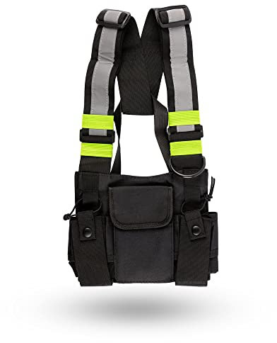 LIFE IS SIMPLE | Brusttasche für Funkgerät mit Reflektoren | Brusttragegeschirr mit 4 Taschen |geeignet als Funkgerätetasche oder als Funkgeräte Brustgurt | Brusttasche Funk, Größe verstellbar