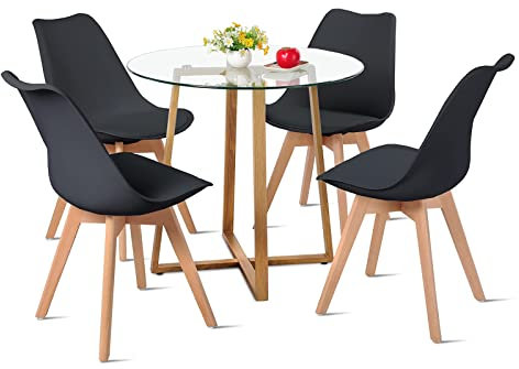 H.J WeDoo Juego de comedor con 4 sillas, mesa de comedor redonda de cristal y 4 sillas de estilo nórdico para balcón, comedor y sala de estar, color negro
