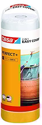 Tesa Easy Cover Perfect+ avec Recharge M - Ruban de Masquage 2-en-1 avec Film et Papier Washi - Pour Masquer et Recouvrir durant les Travaux de Peinture - 17 m x 2,60 m