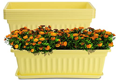 HOXHA 6 Pack Window Box Planter, 17 inches Plastic Vegetable Flower Planter Boxes with Tray, Rectangular Indoor and Outdoor Flower Pots for Windowsill, Patio, Porch, Garden Balcony