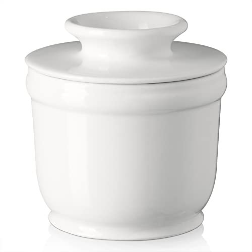 DOWAN Keramik Butterdose, Französische Butterdose mit Wasserkühlung, Butterglocke mit Deckel, Buttertopf für frische und streichfähige Butter - Weiß