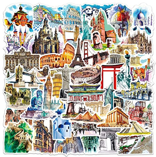 50 Pieces World Landmarks Stickers Scenic Luggage Decals,Tourism Landmark Buildings Stickers Vintage Stamp Stickers for Personalize Laptop, Guitar, Helmet, Skateboard, Luggage Graffiti Decals
