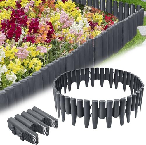 VA-Cerulean 60 Stück Kunststoff Rasenkante,16.8m Holzoptik Beeteinfassung,Beetumrandung Palisade,Gartenpalisade,Beetzaun,Randsteine,Anthrazit,1 Element (L x H): 28 x 24cm