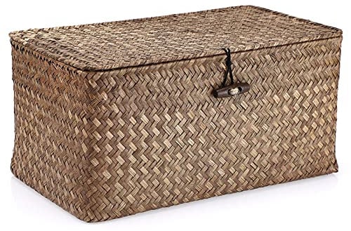 IGNPION Seagrass Storage Basket with Lid Woven Seagrass Desktop Basket Rectangular Bathroom Storage Organiser Box, Shelves & Desks Decorative Multipurpose storage Hamper (Coffee, M)