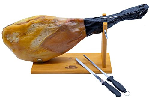 WURSTBARON® spanischer Serrano Schinken am Knochen, traditionell luftgetrocknet und gereift, inkl. Schinkenständer und Messerset, hochwertige Qualität, 7,25 kg