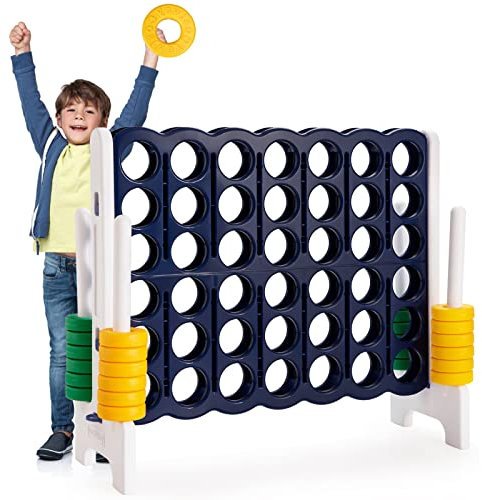 COSTWAY Vier-Gewinnt Spiel, 4 Gewinnt Spielbrettsätze, Vier in Einer Reihe Spiel mit 42 Jumbo Ringen und Schieberegler zum schnellen Neustart für Kinder und Erwachsene (Navy)