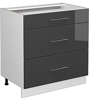 Vicco Küchenunterschrank Fame-Line, Anthrazit Hochglanz/Weiß, 80 cm mit 3 Schubladen, ohne Arbeitsplatte