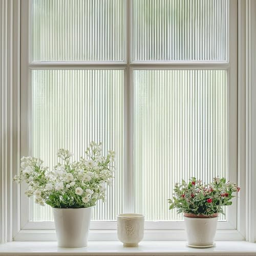 Qualsen Pellicola per Vetri Finestre 44.3x200cm, Forma Scanalata Pellicola Adesiva per Vetri Opaca Decorativa Autoadesive Elettrostatica Anti-UV Pellicola Privacy Finestre per Casa Ufficio Bagno