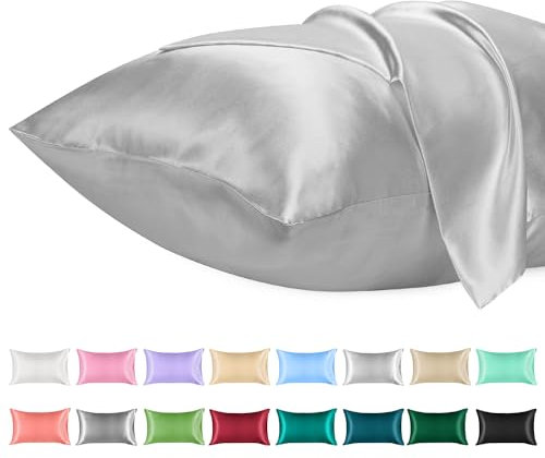 Lirex 2er Set Satin Kissenbezug 50x90cm, kissenbezüge, Weich wie Seiden Kissenbezug, Satin Kopfkissenbezug Kissenhülle für Haar und Haut kommt,Oeko-TEX Zertifiziert, Hellgrau