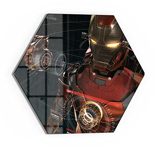 DEQORI Glasbild Echtglas | Motiv Legendäre Iron Man Anzug | sechseckig einteilig 55x47,6 cm | schöne Dekoration | Wandbild für Wohnzimmer, Schlafzimmer, Flur & Küche | moderne Wanddeko