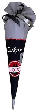 Glückspilz Schultüte mit Namen personalisiert, KÖLN, Zuckertüte Fussball, schwarz/grau, aus Stoff genäht, mit Kissen + Rohling