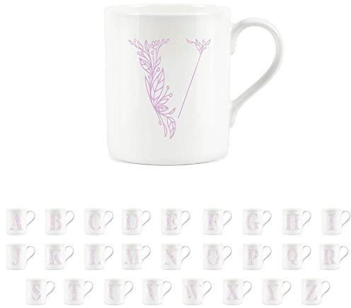 Purely Home Floral Pink Letter V Mug - Fine Bone China Small Coffee Tea Mug Present Personalised Initial Gift