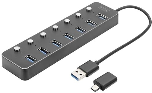 DIGITUS USB-Hub - 7 Ports - USB 3.0 - bis zu 5 Gbit/s - Ports einzeln schaltbar - inkl. USB-A auf USB-C-Adapter - Plug & Play - Aluminium Gehäuse - dunkelgrau