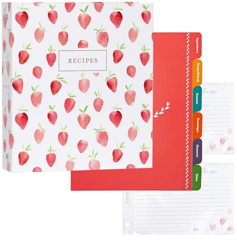 Jot & Mark 21,6 x 24,1 cm 3-Ring-Rezeptbuch mit 50 passenden 10,2 x 15,2 cm Rezeptkarten, 25 obere und untere Binderhüllen, 5 durchgehende ungeteilte Hüllen, 6 Trennblätter, Erdbeer-Wilds