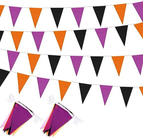 Tatuo 656 ft Halloween Pennant Banner 20 Pcs Purple Orange Black Triangle Flag Banner Fabric Bunting Halloween Party Hanging Decoration Flag Bunting Garland for Indoor Outdoor Wedding Garden Birthday