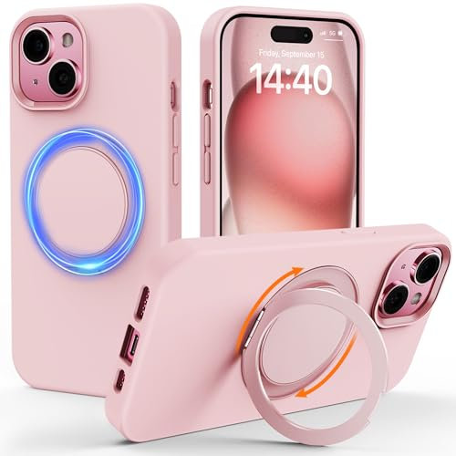 Gatatol for iPhone 15 Plus Case, [Compatible with MagSafe] Fusion+ Silicone Shockproof Silky Slim Drop Protection Phone case with Built-in Kickstand for iPhone 15 Plus (Light Pink) 2023