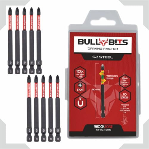 10x Bull Bits 90mm PZ1 Impact Screwdriver Bits Set – Pozi Pozidriv, Shock Zone, S2 Steel, Torsion Zone