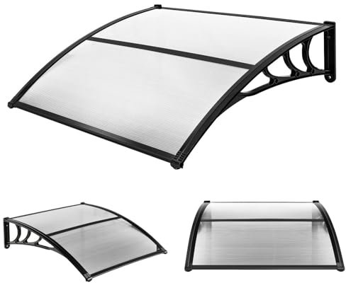 TANGZON 100/122/199 x 98cm Window Door Awning Canopy, Patio Front Door Canopy with ABS Support, Garden Porch Rain Shelter for Sunlight Rain Snow Wind Protection (122 x 98 x 28 cm, Grey + Black)