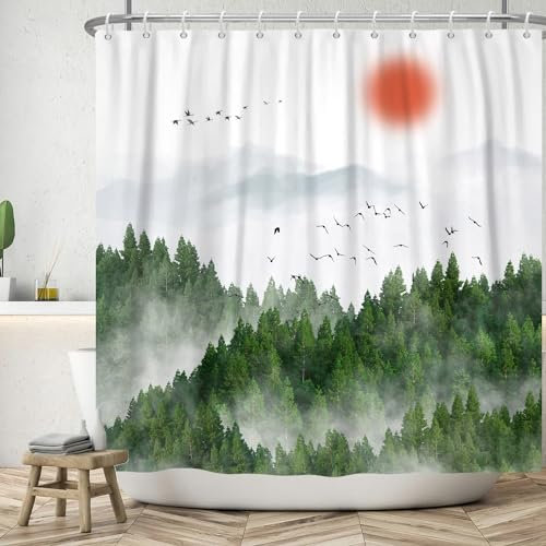 ASDCXZ Rideau de douche motif forêt, 180 x 200 cm, printemps, vert, brouillard, forêt, jungle, oiseaux, soleil, montagnes, salle de bain, lavable, en polyester, textile, imperméable, pour baignoire,