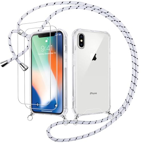 Votvloay Coque Cordon pour iPhone X/iPhone XS 5,8 avec 2 Pièces Verre Trempé, Transparent Étui Réglable Laniere Collier Corde Case, Mince TPU Souple Silicone Housse Antichoc Anti-Rayures Cover, Blanc