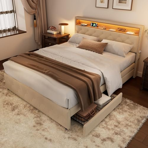 Oyemige Upholstered Bed Frame 135x190 cm, Double Bed 4ft6, Storage Bed with Four Storage Drawers, LED-illuminated Bed with Side Pockets, Slatted Bed Frame, Beige, Linen, No Mattress